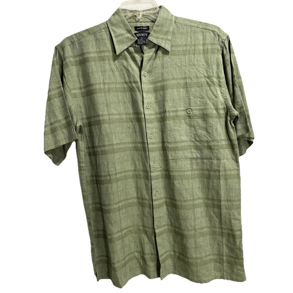 Bruno Short Sleeves Shirt Button-Up Green Plaid Linen Men's M